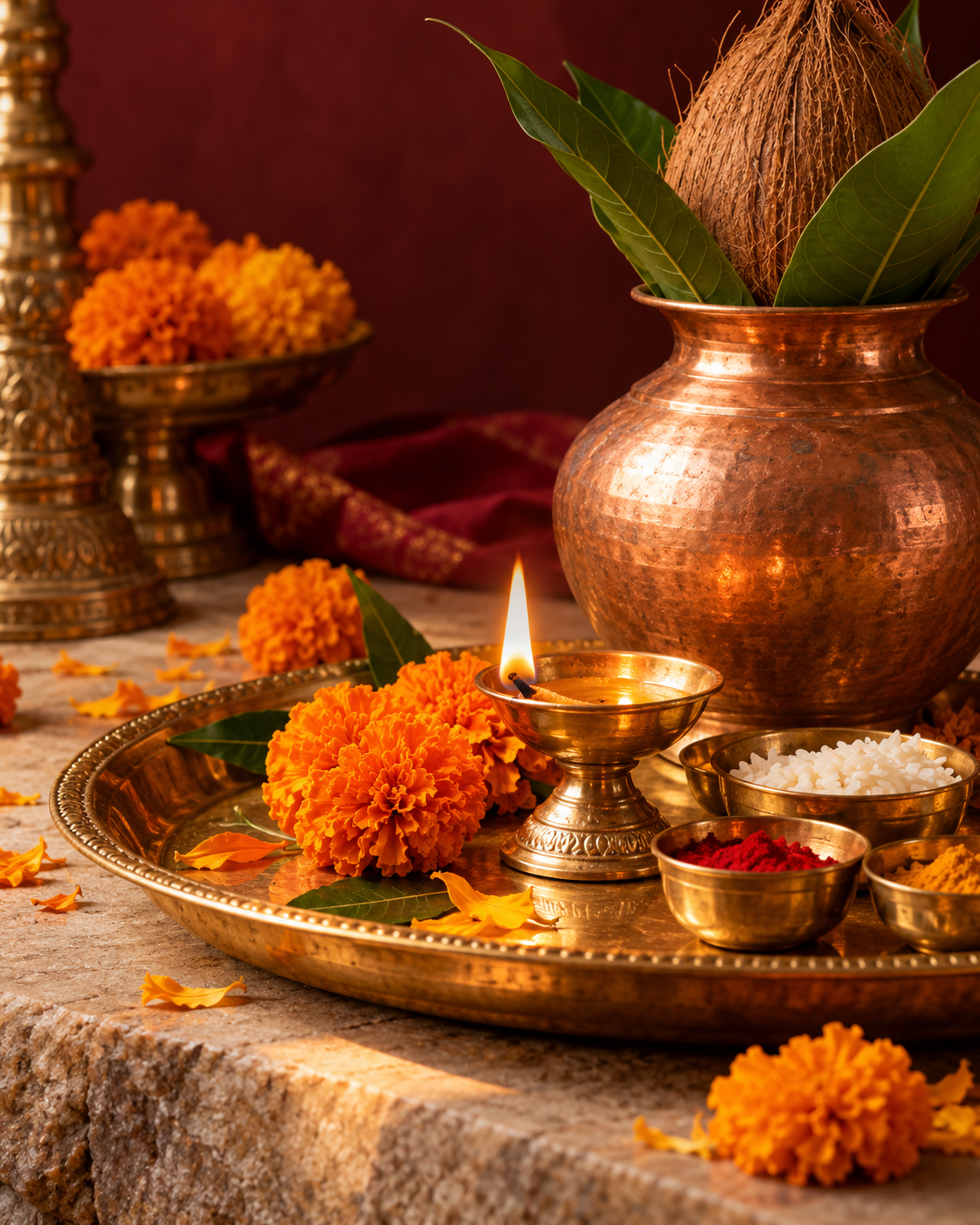Brass diya, marigolds and a copper kalash in a devotional still life